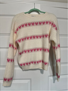Women's Aster Heart Pattern Crew Neck Sweater White Pink Size L